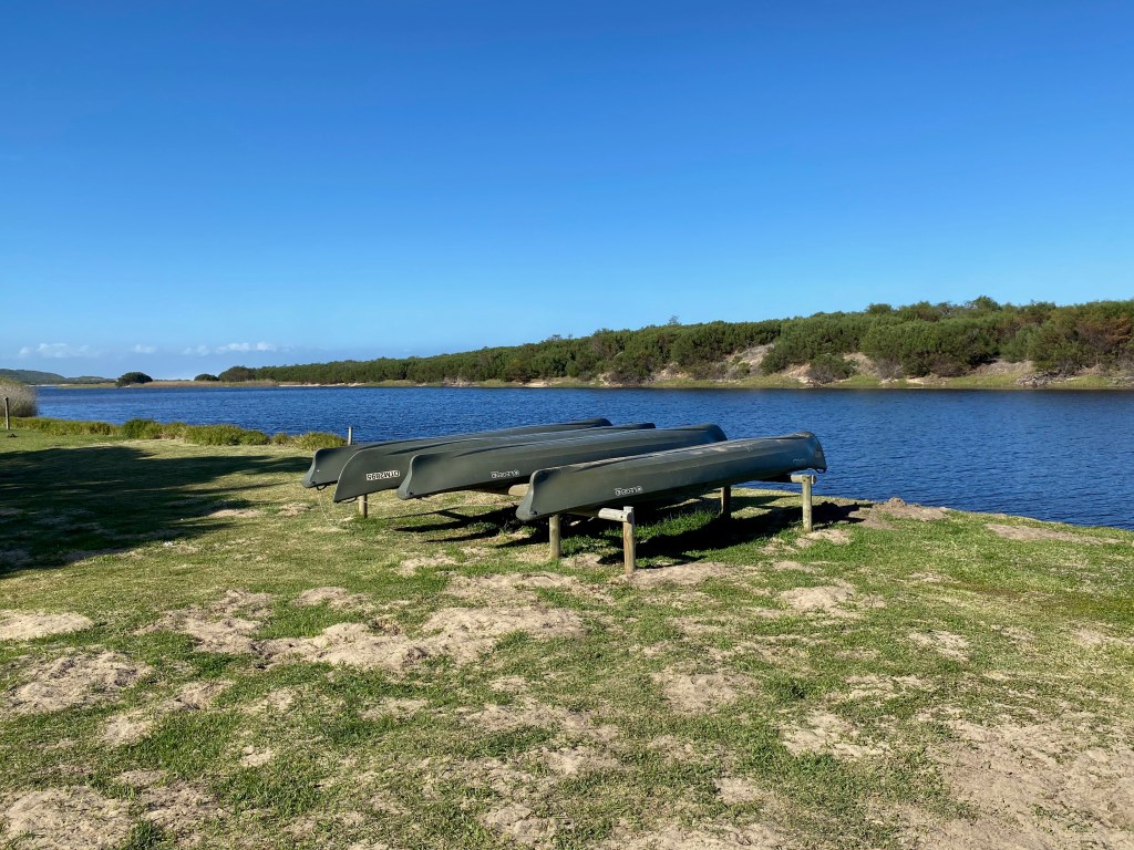 Kayaks and canoes for hire in the picnic area at Goukamma Nature Reserve