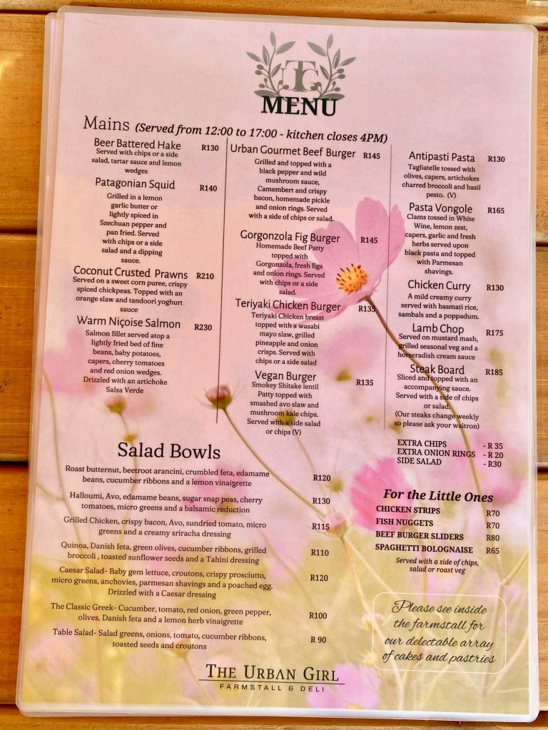 Tasty menu on offer at The Urban Girl near Knysna on the Garden Route
